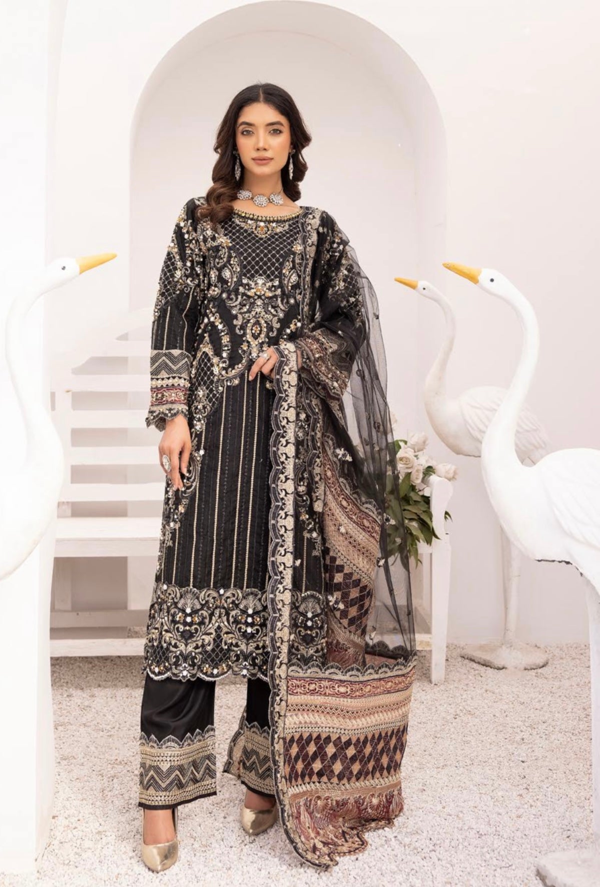 SIMRANS Imrozia Black embroidered Luxury Chiffon 3 piece suit