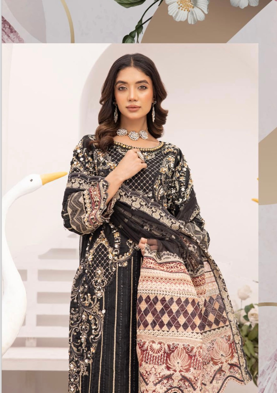 SIMRANS Imrozia Black embroidered Luxury Chiffon 3 piece suit