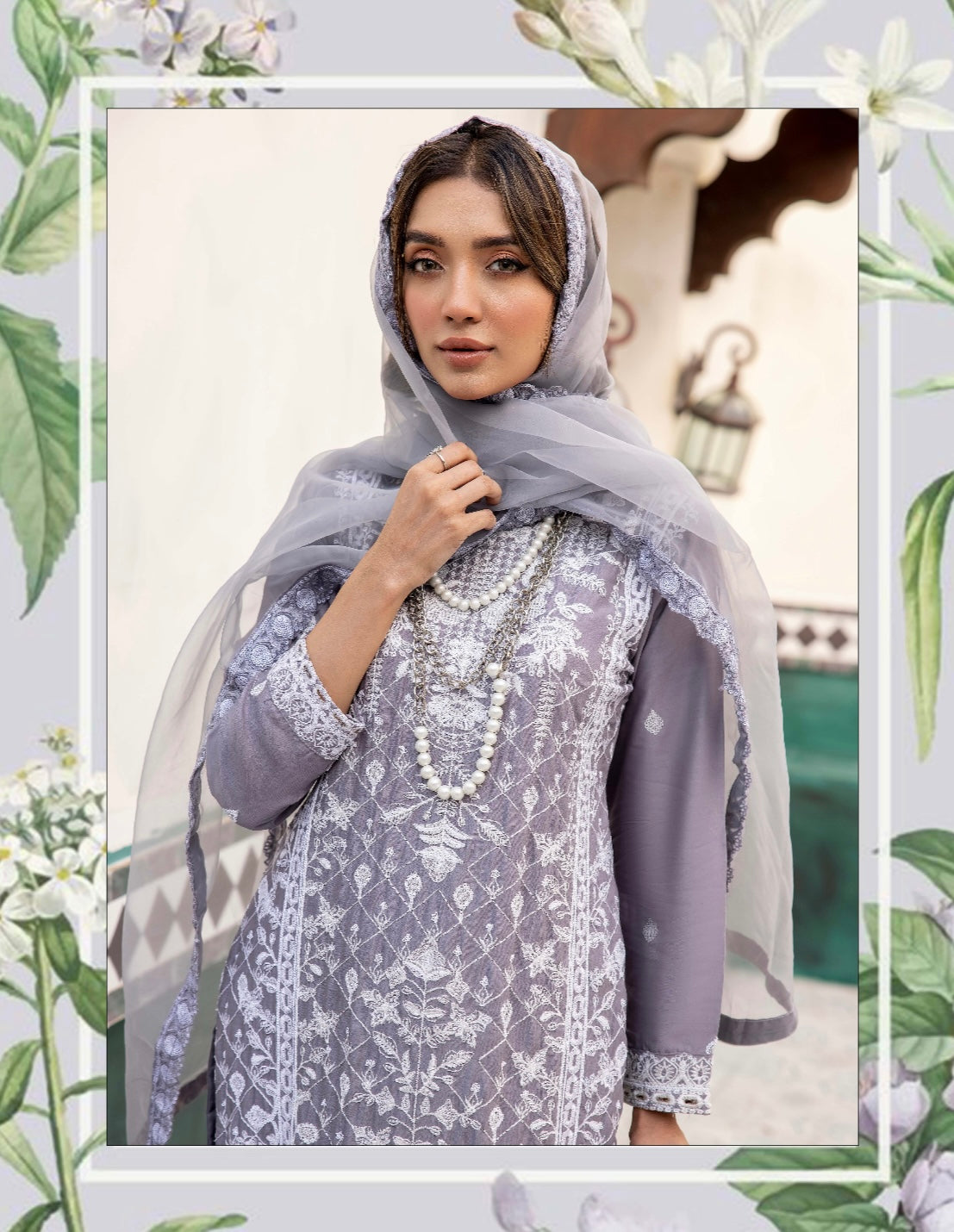 ROZANA by Simrans Grey Linen Embroidered 3 Piece Suit With Organza Dupatta RLS011
