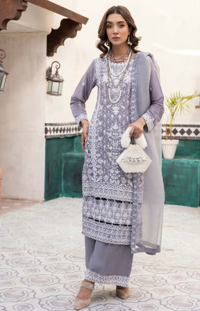 ROZANA by Simrans Grey Linen Embroidered 3 Piece Suit With Organza Dupatta RLS011