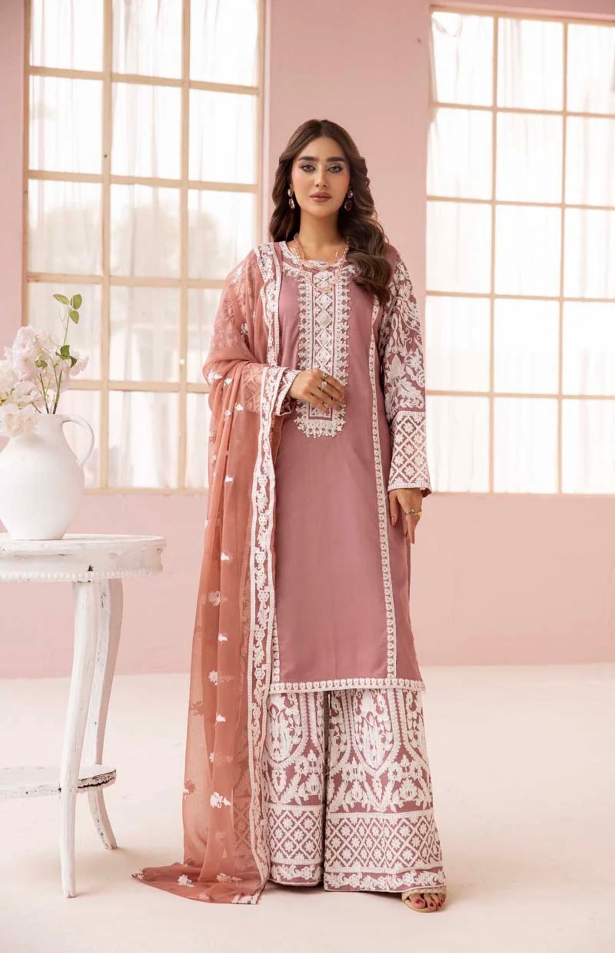 SIMRANS Fiza Taupe Embroidered Eid 3 Piece Suit With Chiffon Dupatta