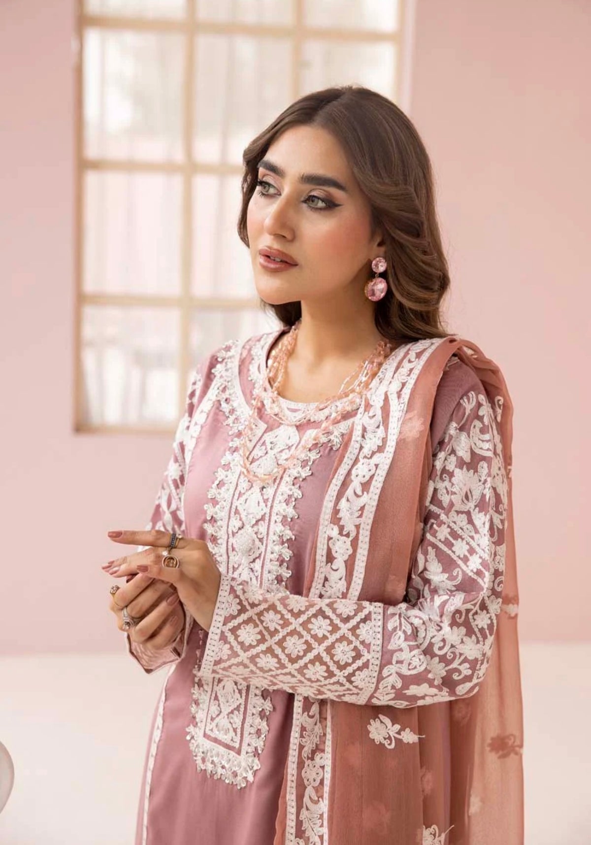 SIMRANS Fiza Taupe Embroidered Eid 3 Piece Suit With Chiffon Dupatta