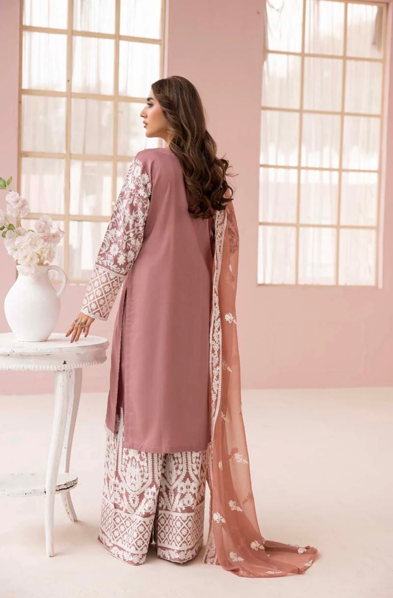 SIMRANS Fiza Taupe Embroidered Eid 3 Piece Suit With Chiffon Dupatta