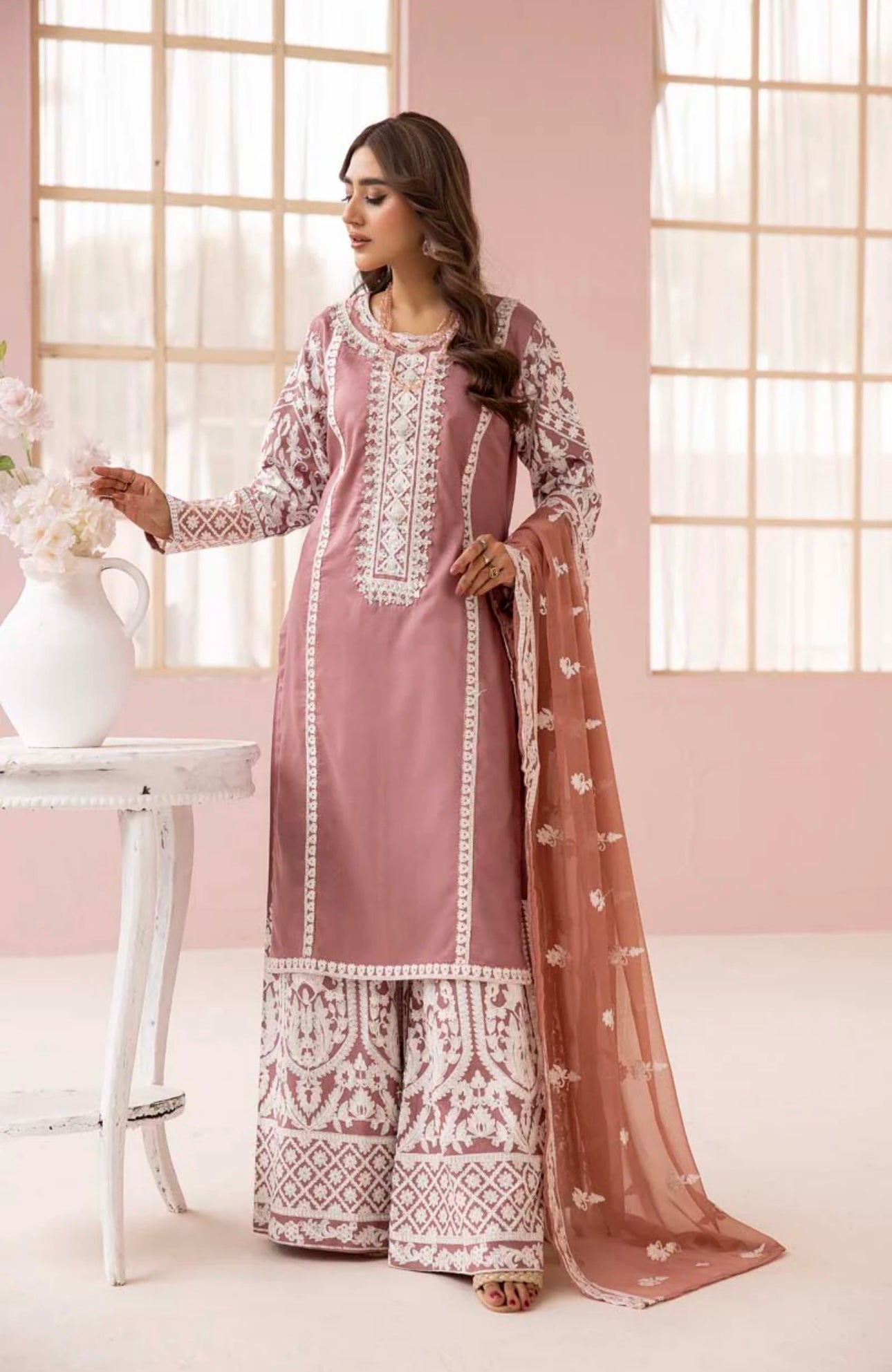 SIMRANS Fiza Taupe Embroidered Eid 3 Piece Suit With Chiffon Dupatta