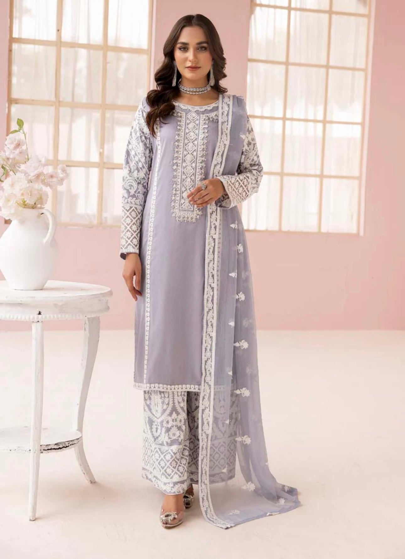 SIMRANS Fiza Grey Embroidered Eid 3 Piece Suit With Chiffon Dupatta