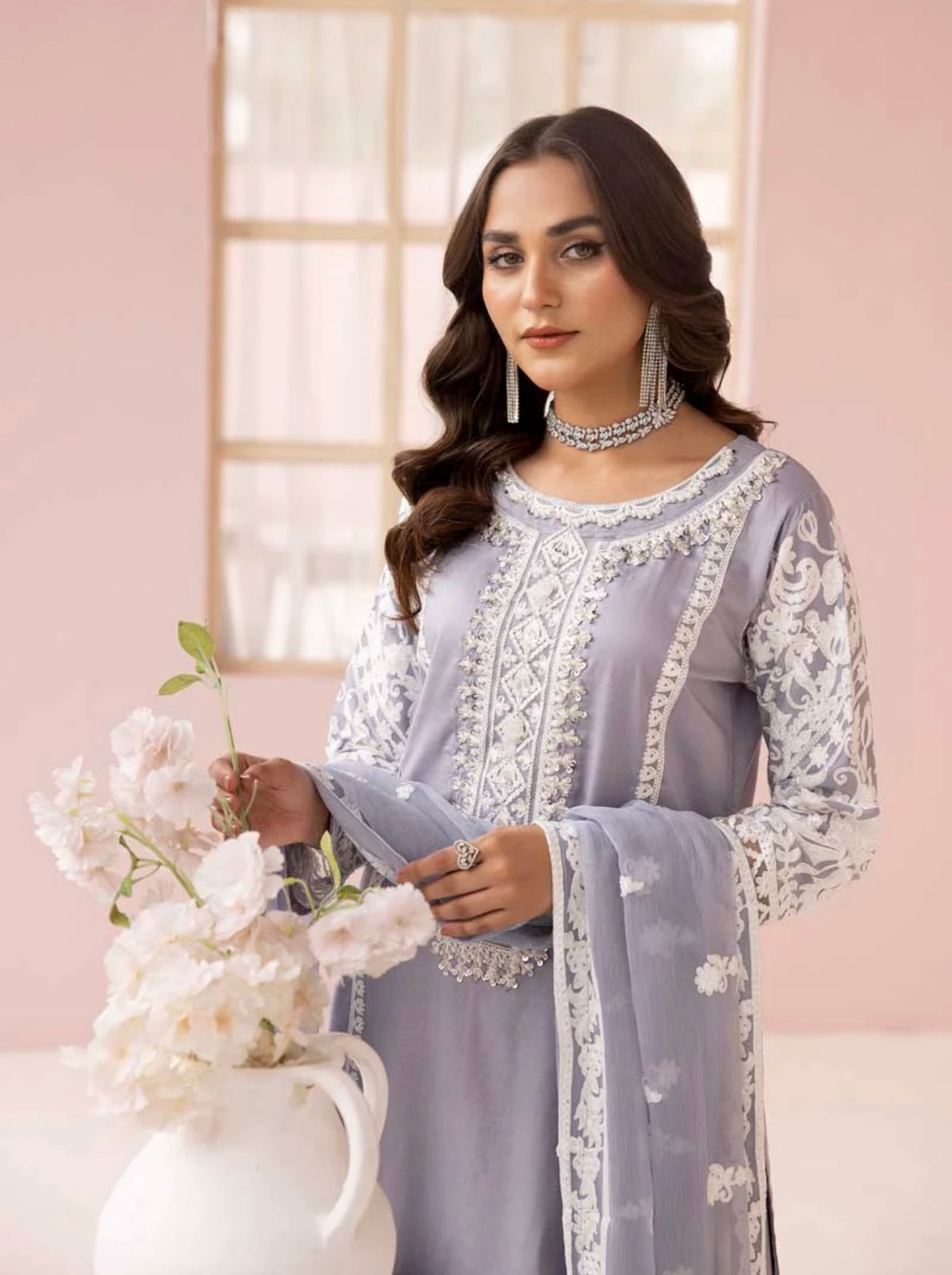 SIMRANS Fiza Grey Embroidered Eid 3 Piece Suit With Chiffon Dupatta