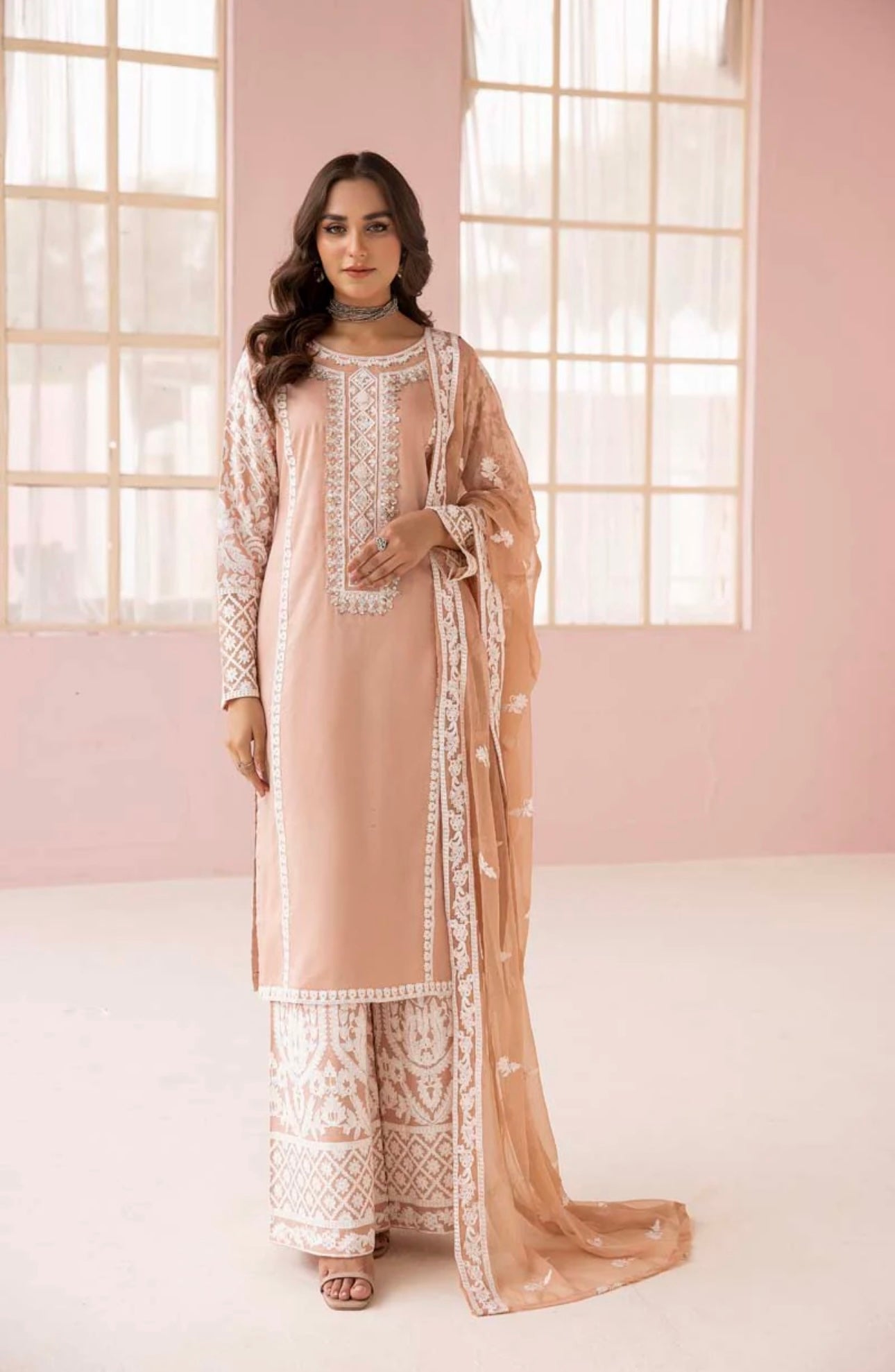 SIMRANS Fiza Peach Embroidered Eid 3 Piece Suit With Chiffon Dupatta