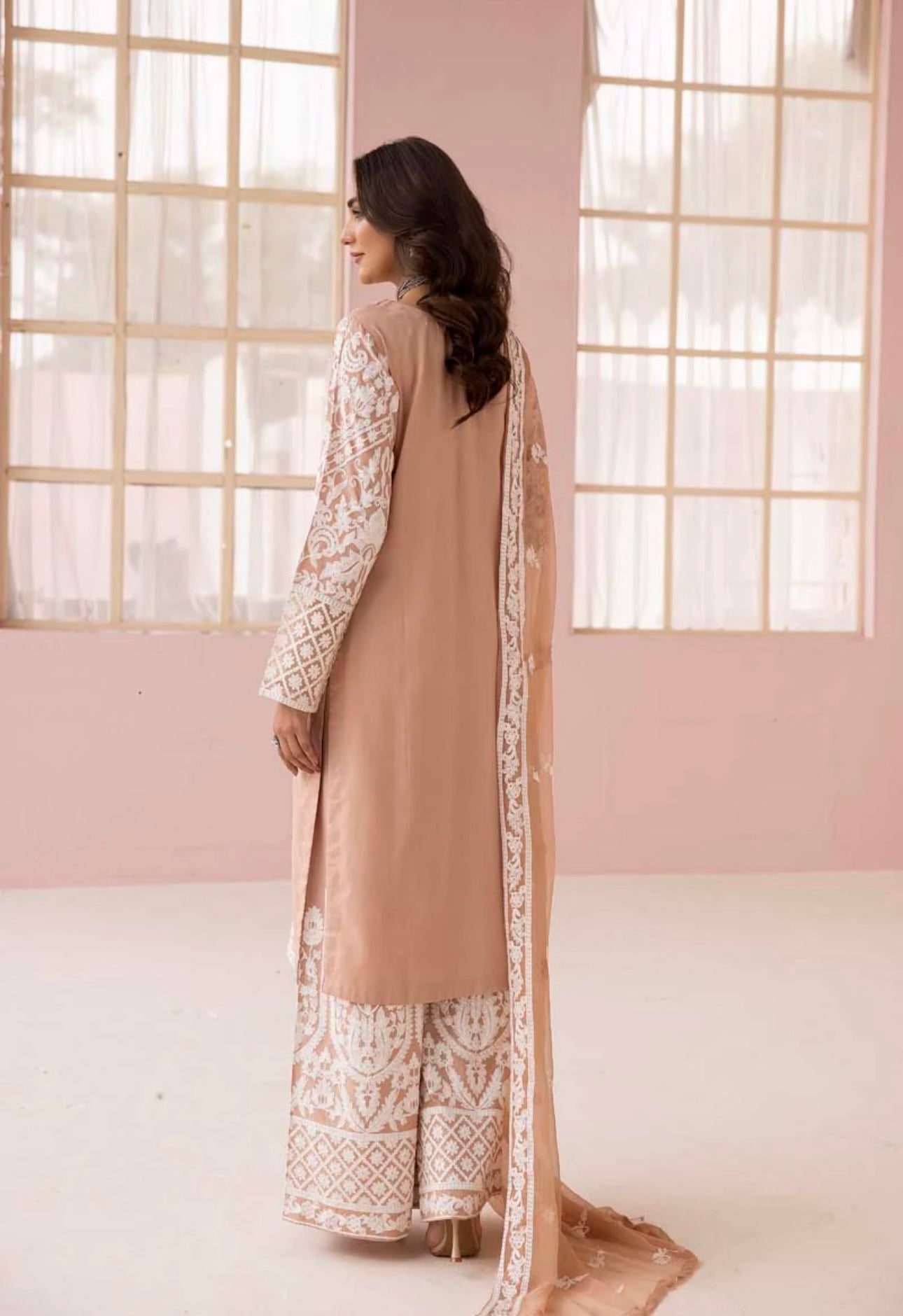 SIMRANS Fiza Peach Embroidered Eid 3 Piece Suit With Chiffon Dupatta