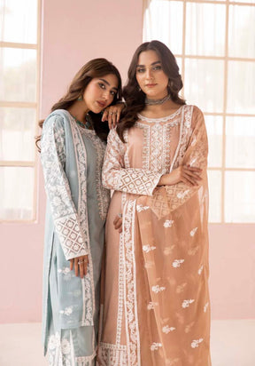 SIMRANS Fiza Peach Embroidered Eid 3 Piece Suit With Chiffon Dupatta