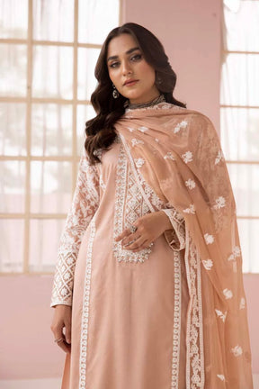 SIMRANS Fiza Peach Embroidered Eid 3 Piece Suit With Chiffon Dupatta