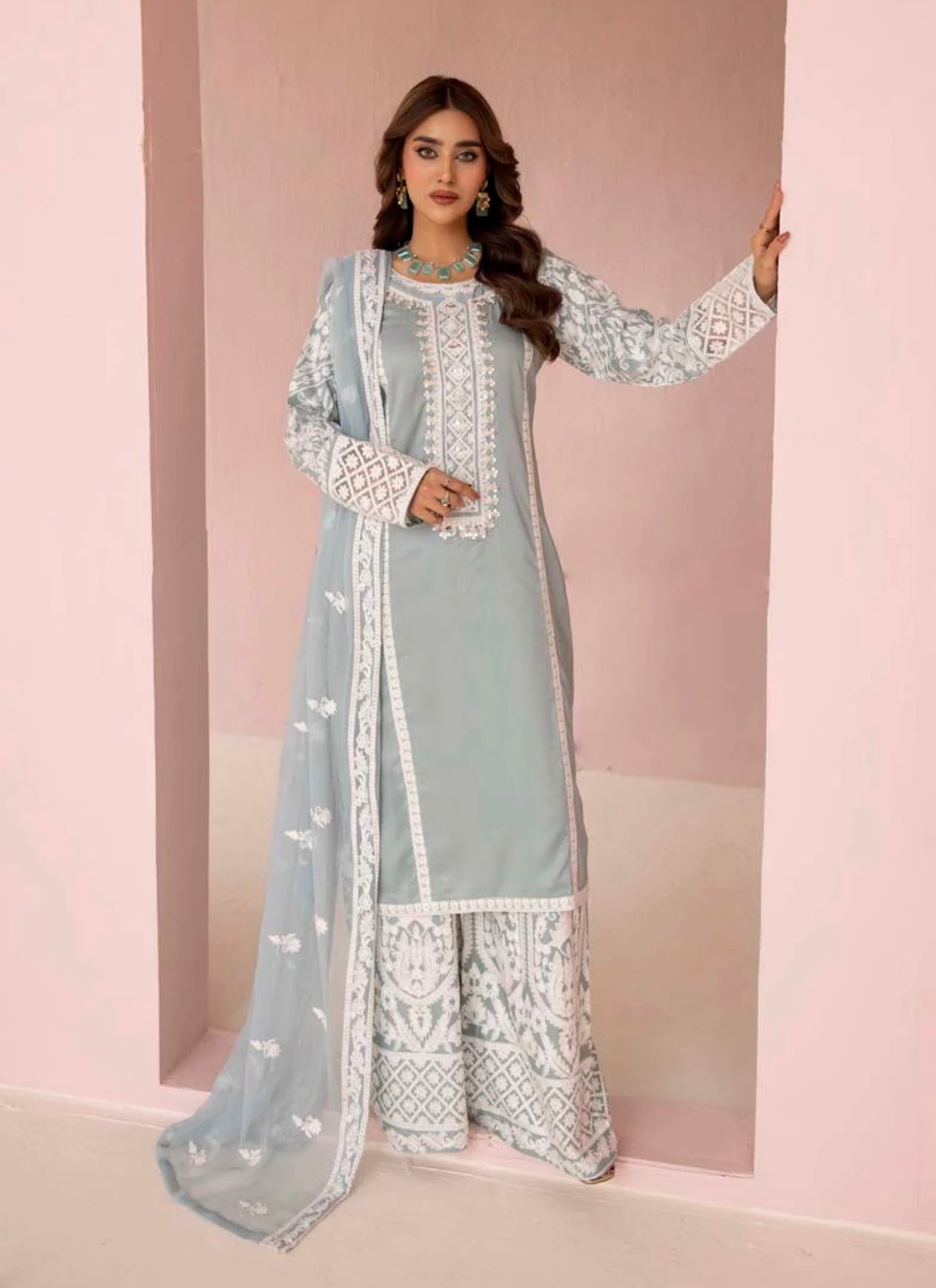 SIMRANS Fiza Mint Embroidered Eid 3 Piece Suit With Chiffon Dupatta