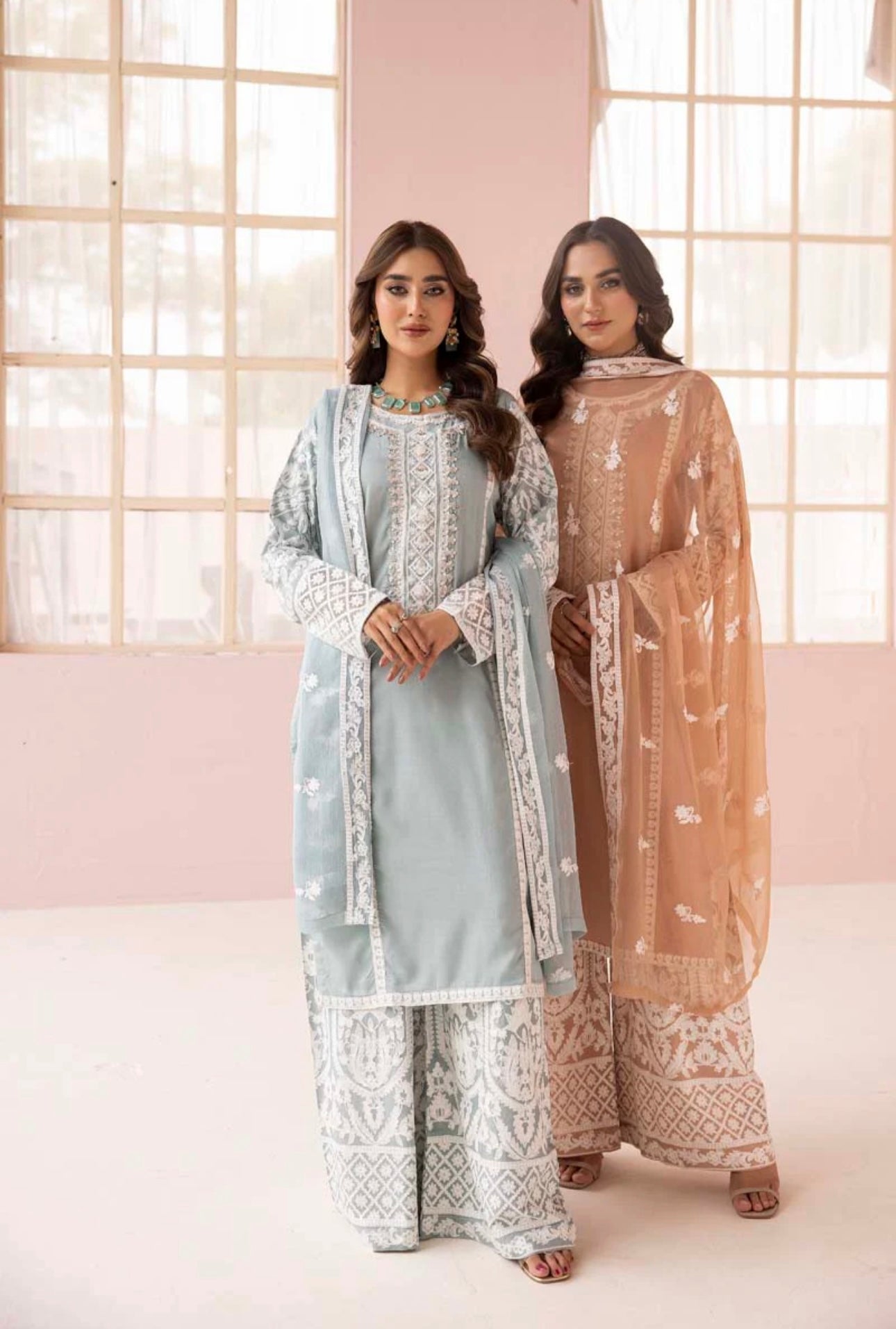 SIMRANS Fiza Peach Embroidered Eid 3 Piece Suit With Chiffon Dupatta