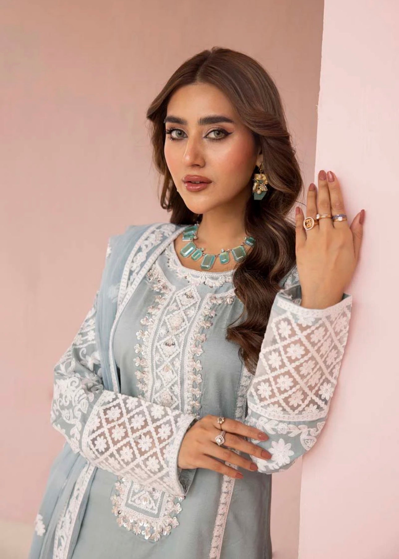 SIMRANS Fiza Mint Embroidered Eid 3 Piece Suit With Chiffon Dupatta