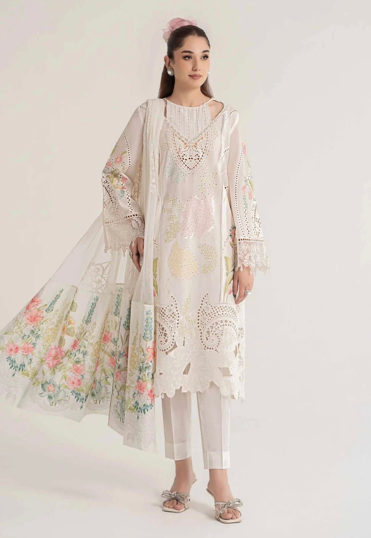 SIMRANS Maria B Inspired Chikan Embroidered Readymade White 3 Piece Outfit With Full Sleeves