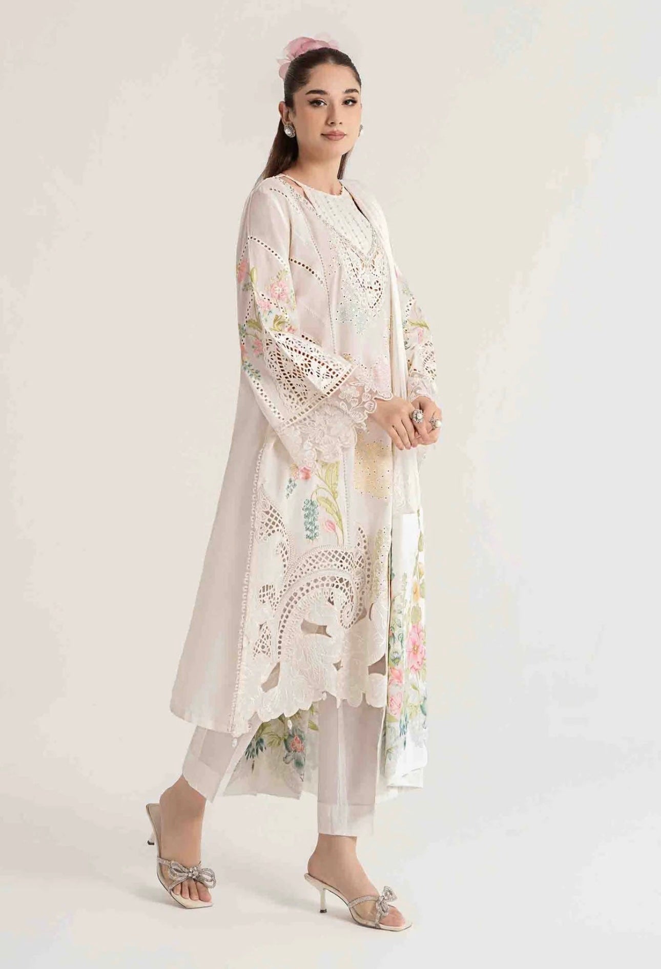 SIMRANS Maria B Inspired Chikan Embroidered Readymade White 3 Piece Outfit With Full Sleeves