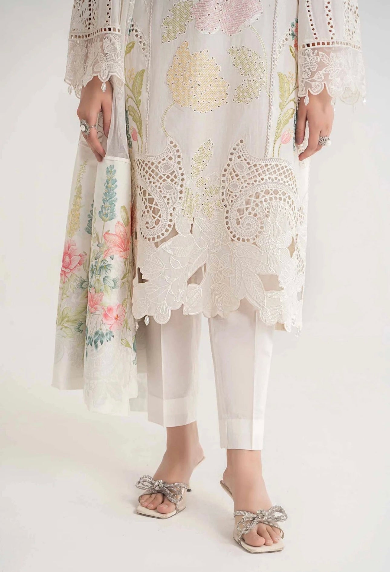 SIMRANS Maria B Inspired Chikan Embroidered Readymade White 3 Piece Outfit With Full Sleeves