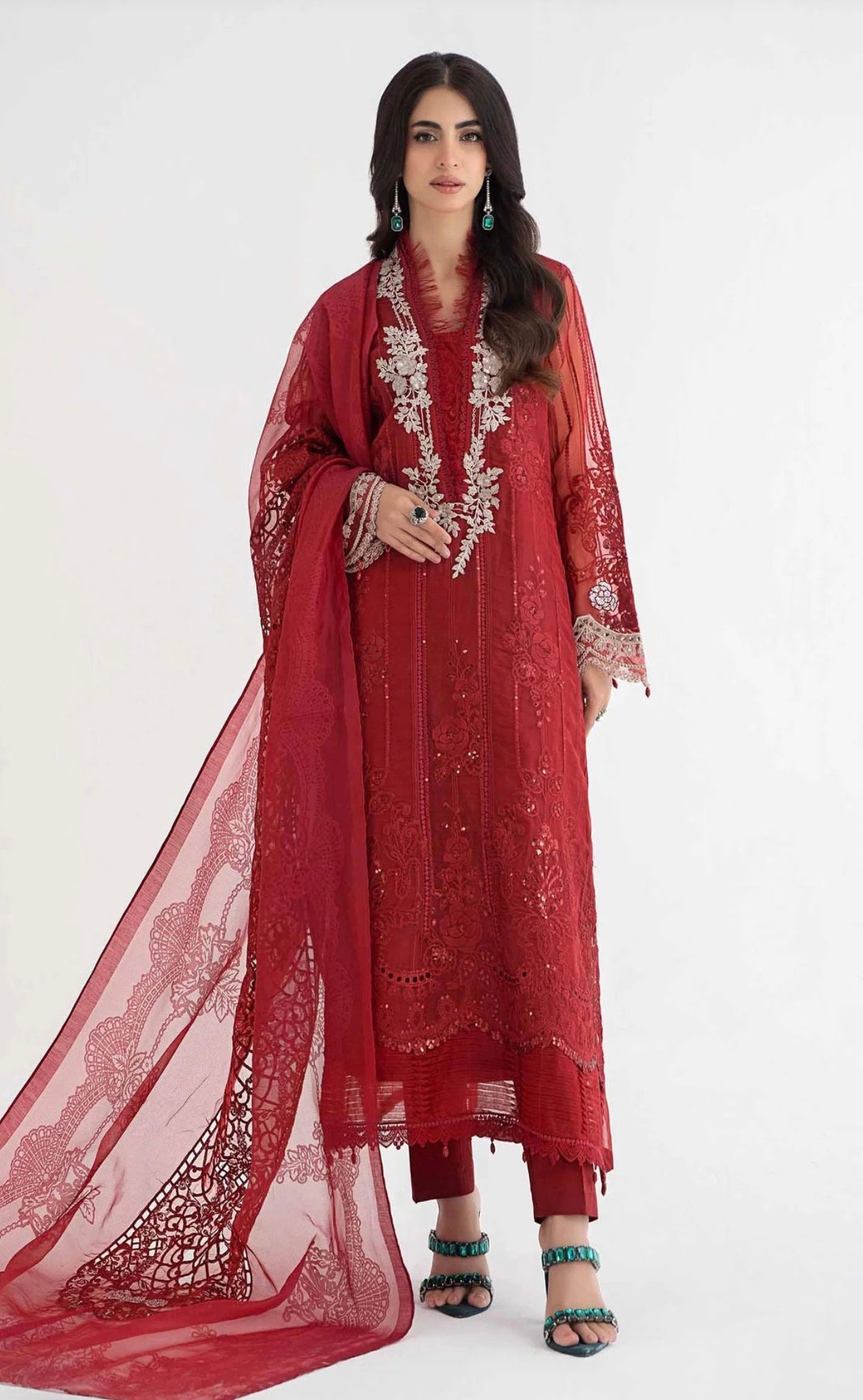 SIMRANS Maria b inspired dalhia 3 piece embroidered suit Maroon