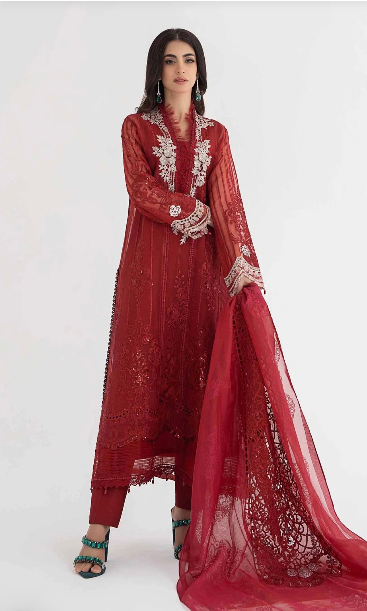 SIMRANS Maria b inspired dalhia 3 piece embroidered suit Maroon