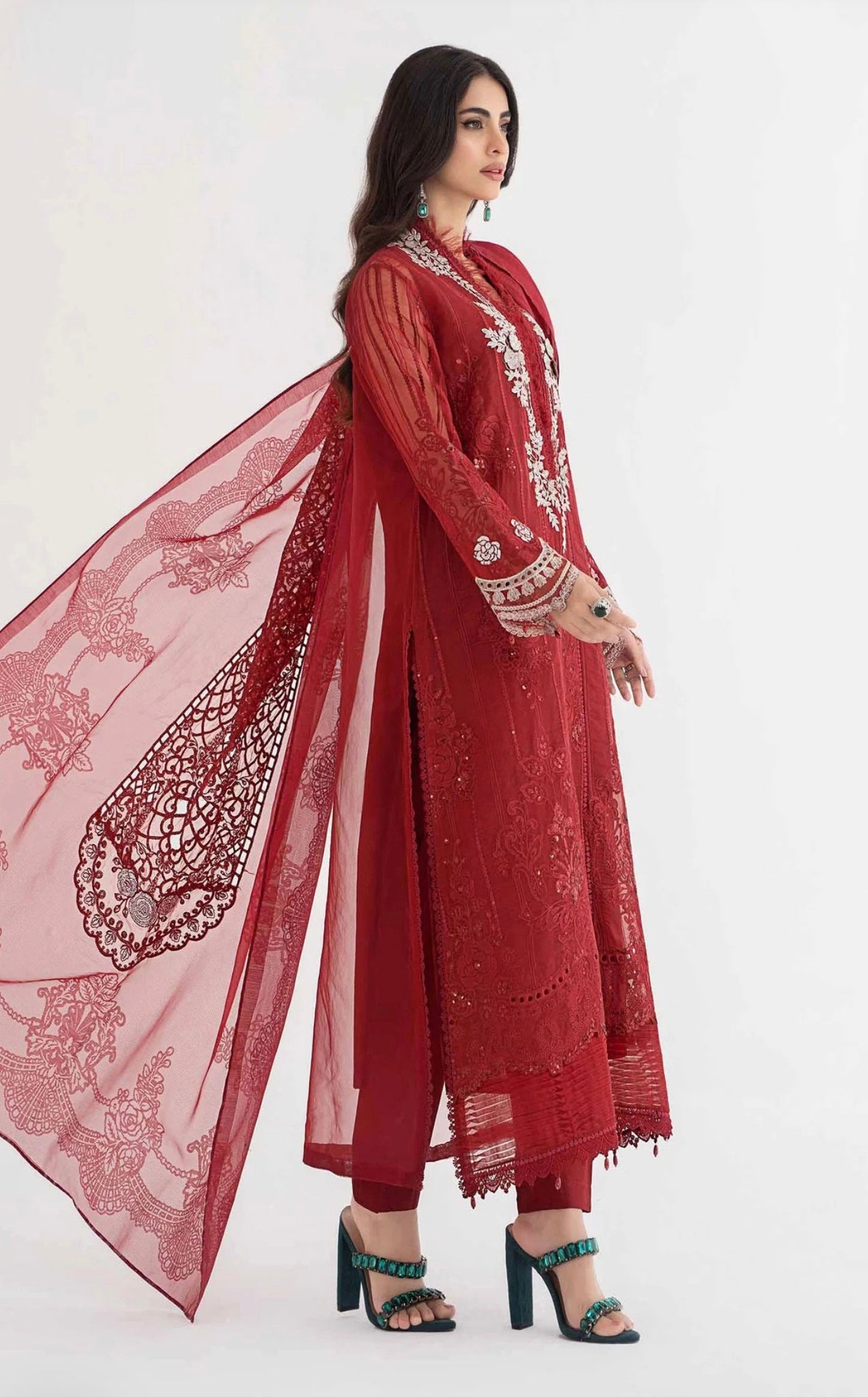 SIMRANS Maria b inspired dalhia 3 piece embroidered suit Maroon