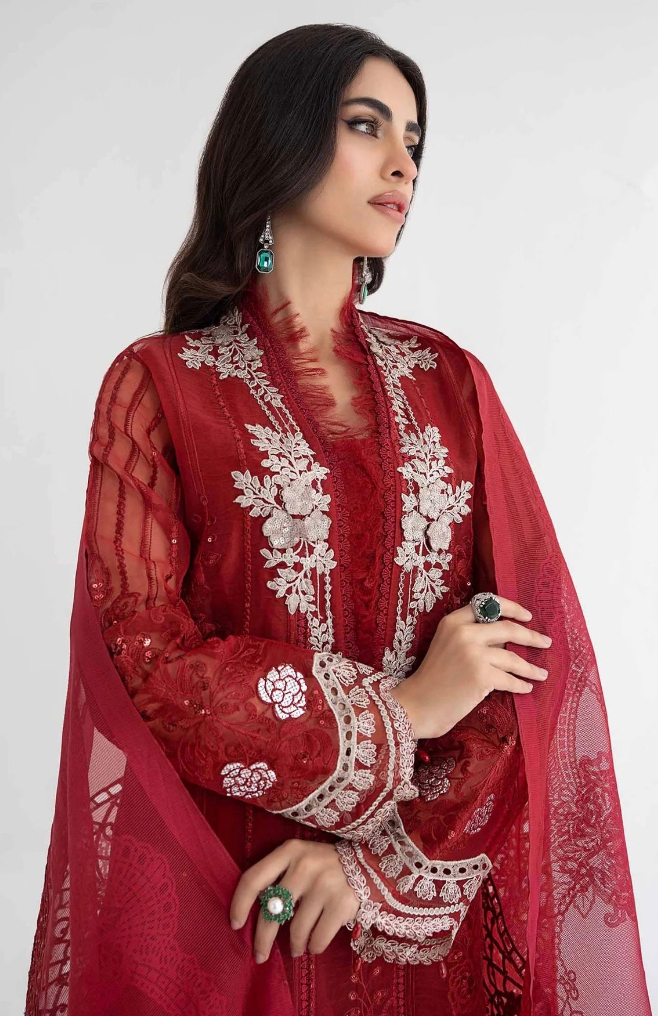 SIMRANS Maria b inspired dalhia 3 piece embroidered suit Maroon