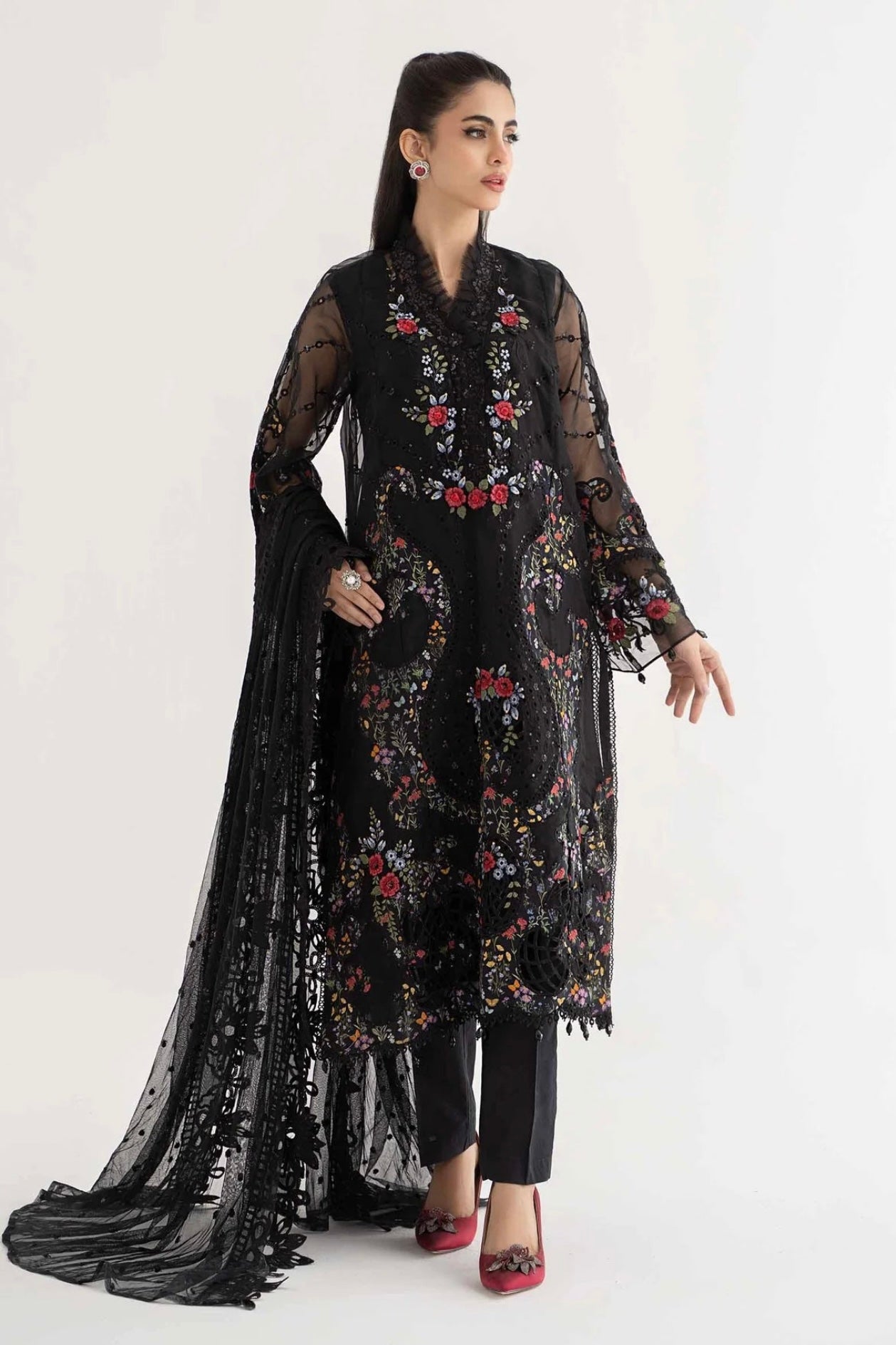 SIMRANS Maria b inspired dalhia 3 piece embroidered suit Blacks