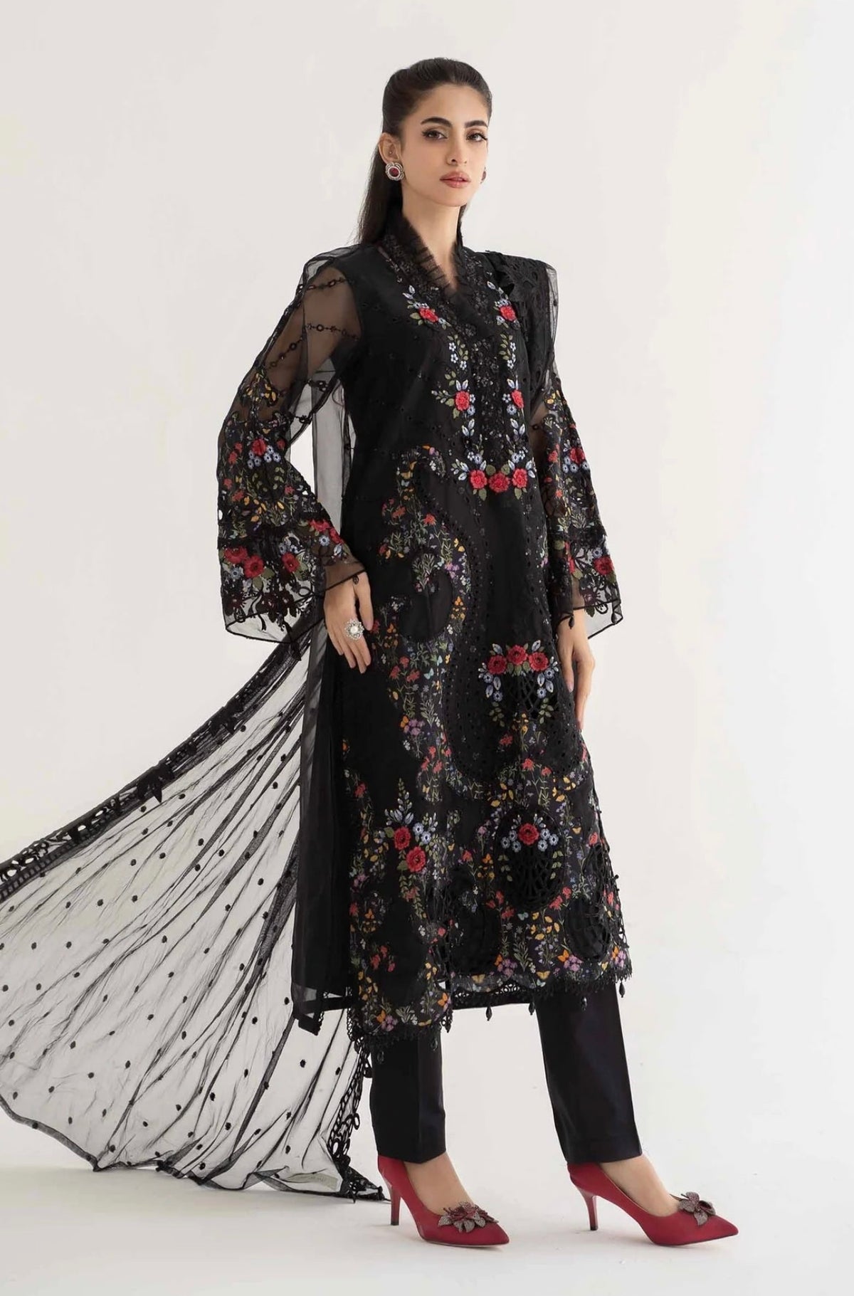 SIMRANS Maria b inspired dalhia 3 piece embroidered suit Blacks