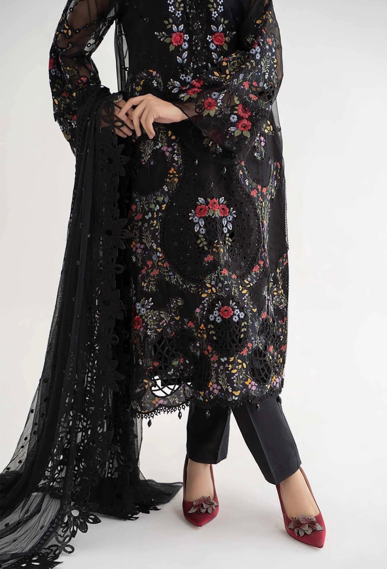 SIMRANS Maria b inspired dalhia 3 piece embroidered suit Blacks