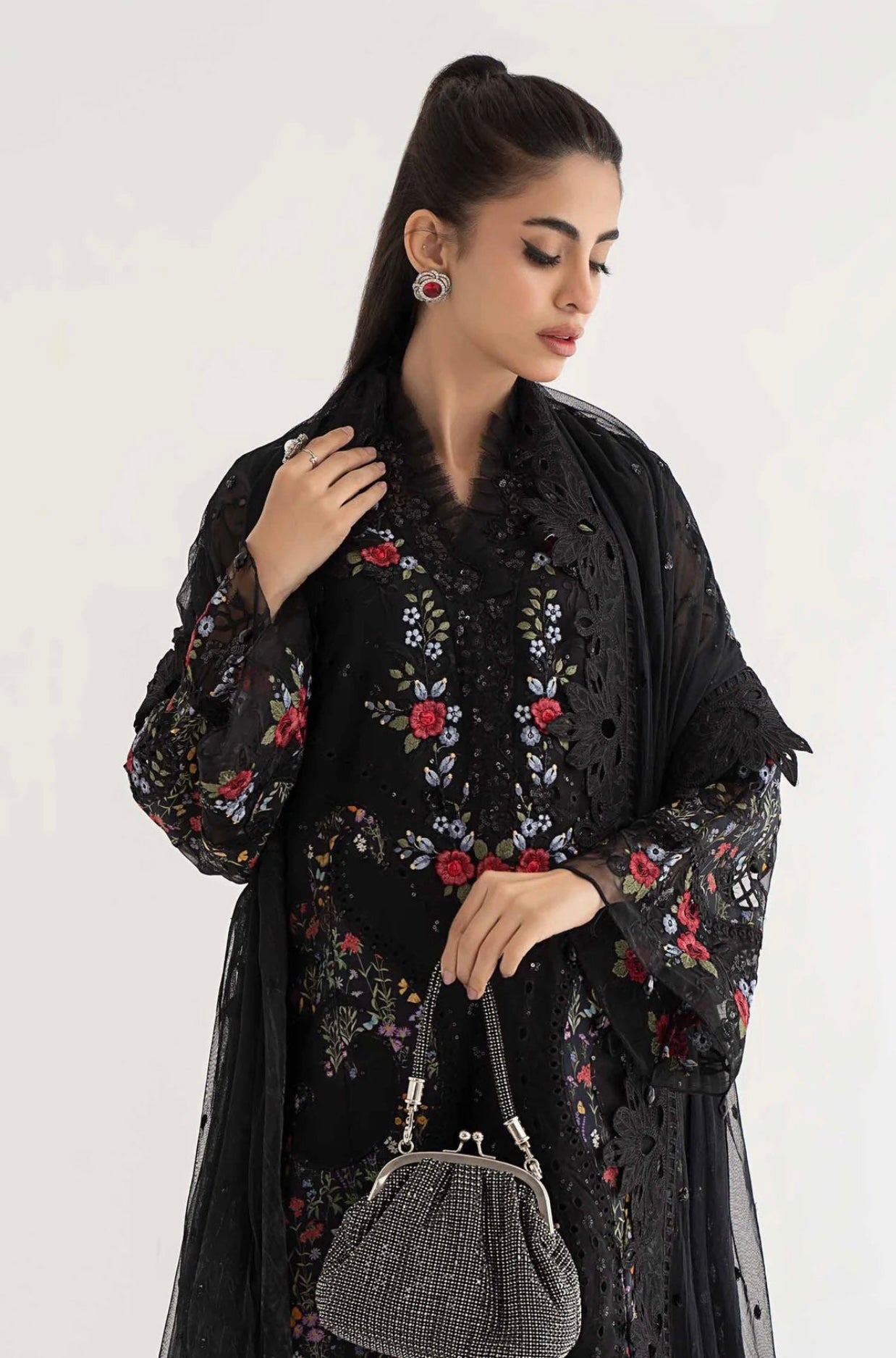 SIMRANS Maria b inspired dalhia 3 piece embroidered suit Blacks