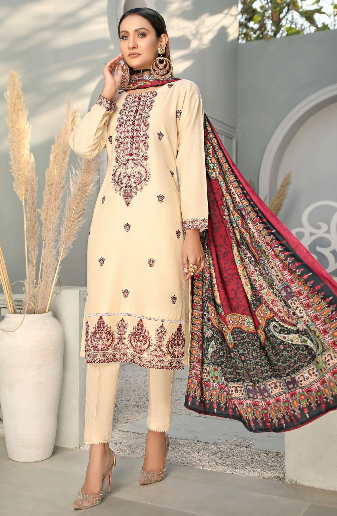 SIMRANS Alpine Embroidered 3 Piece Winter Outfit With Shawl WS12