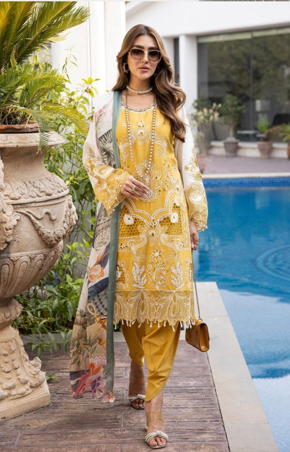 SIMRANS Ivana chikankari collection 3 piece embroidered suit - MUSTARD