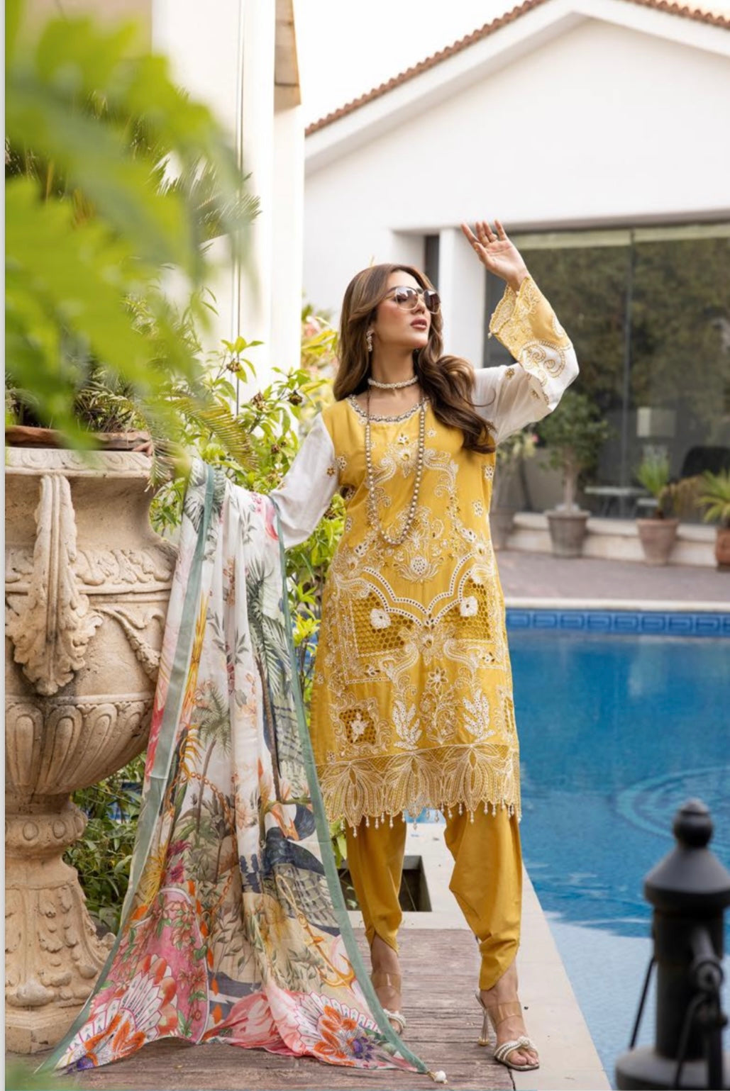 SIMRANS Ivana chikankari collection 3 piece embroidered suit - MUSTARD