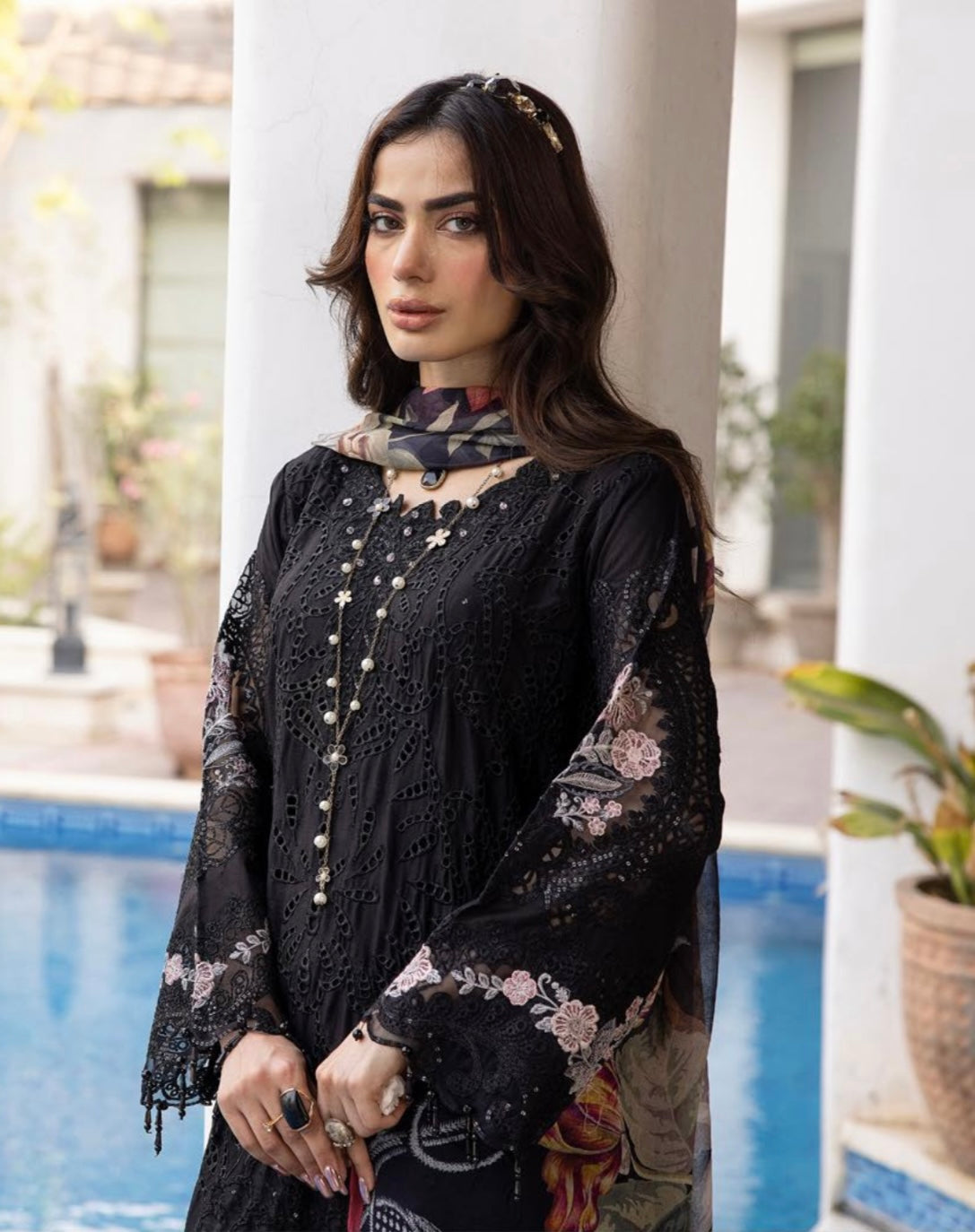 SIMRANS Ivana chikankari collection 3 piece embroidered suit - BLACK