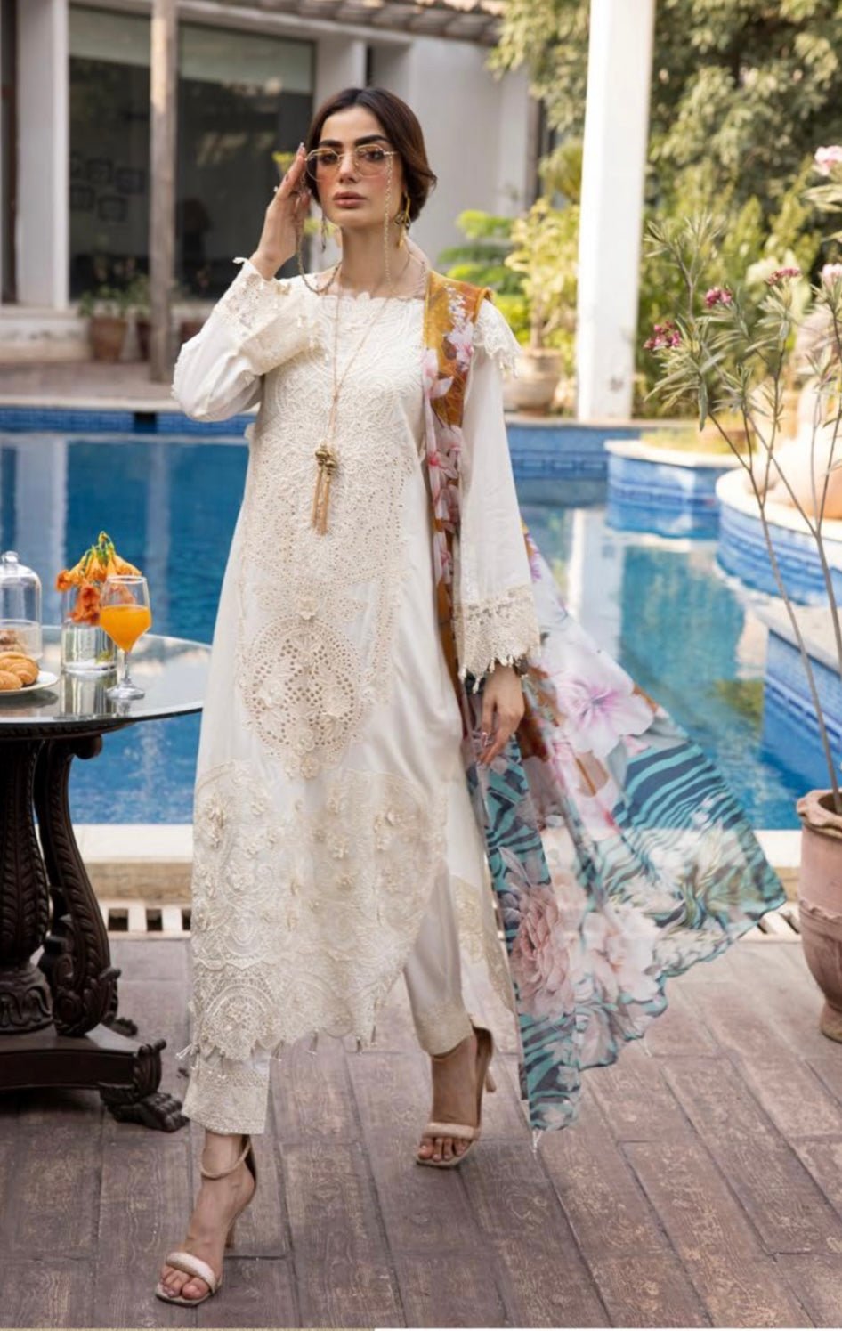 SIMRANS Ivana chikankari collection 3 piece embroidered suit - CREAM