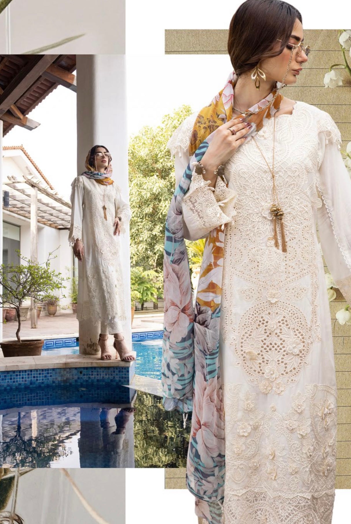 SIMRANS Ivana chikankari collection 3 piece embroidered suit - CREAM