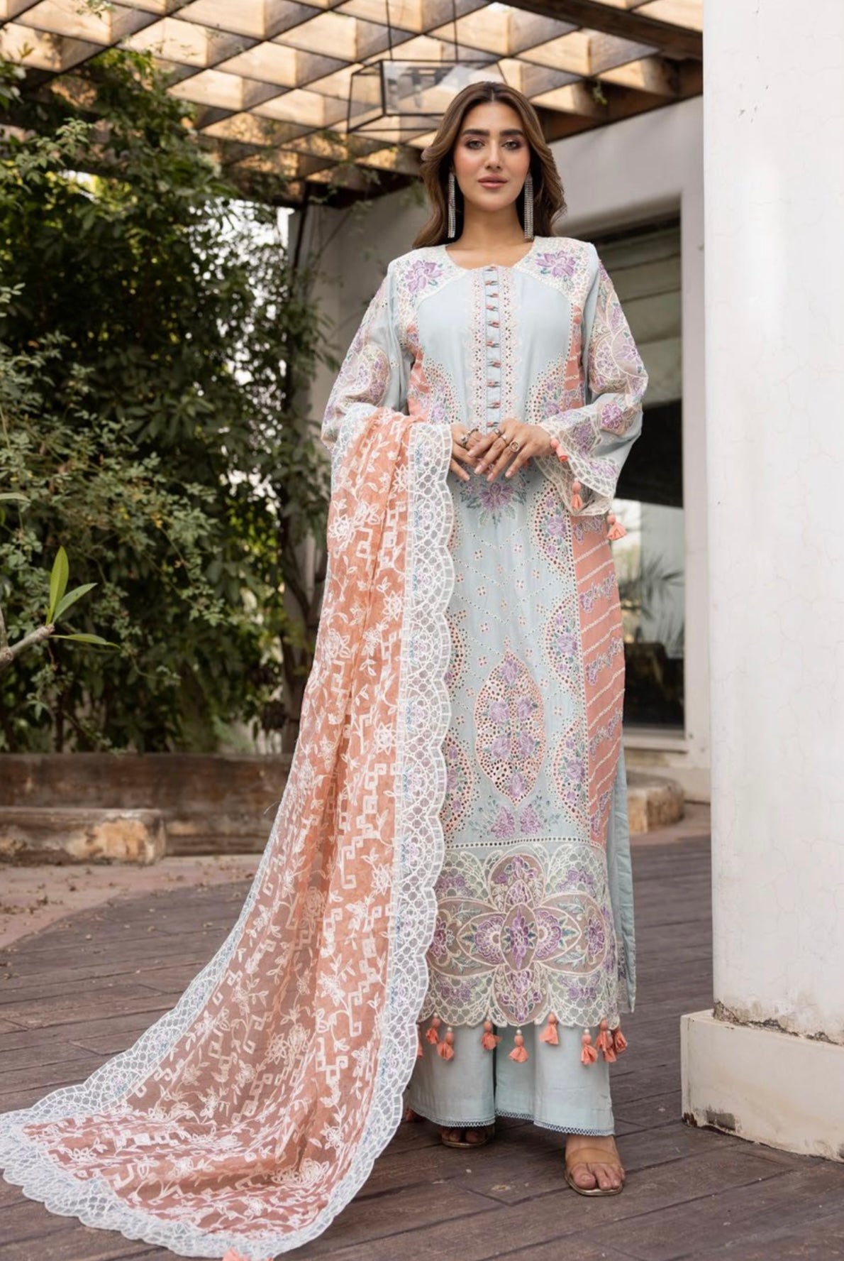 SIMRANS Ivana chikankari collection 3 piece embroidered suit - SEA GREEN