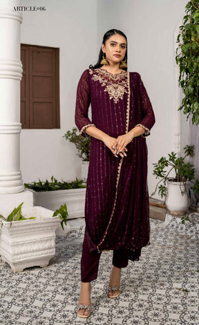 SIMRANS Alara embroidered suit in Plum colour with attached dupatta