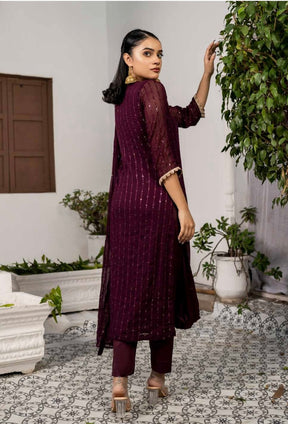 SIMRANS Alara embroidered suit in Plum colour with attached dupatta