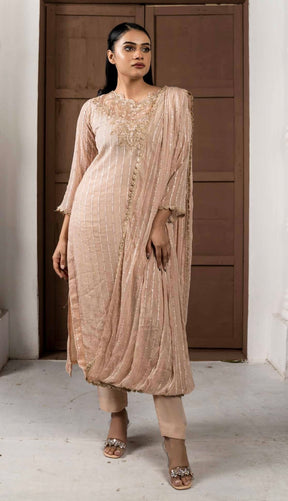 SIMRANS Alara embroidered suit in light beige with attached dupatta
