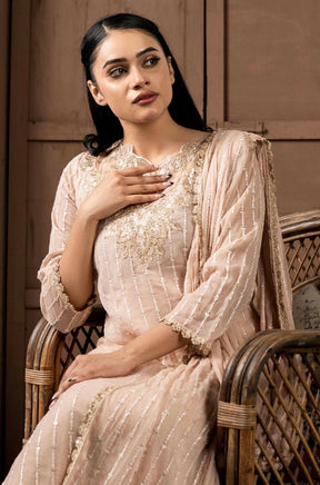 SIMRANS Alara embroidered suit in light beige with attached dupatta