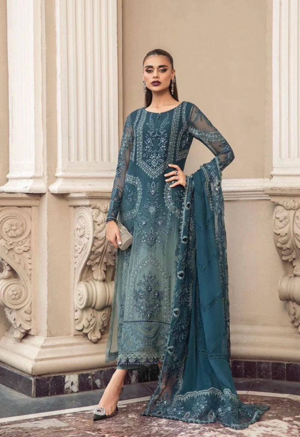 SIMRANS Maria b inspired 3 piece Chiffon embroidered suit MB3816- TEAL BLUE