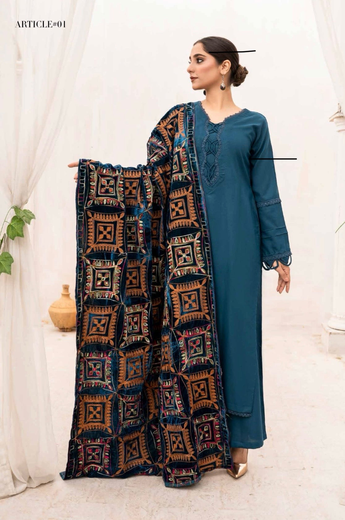 SIMRANS Dhanak 3 Piece Teal Suit with Embroidered Velvet Shawl