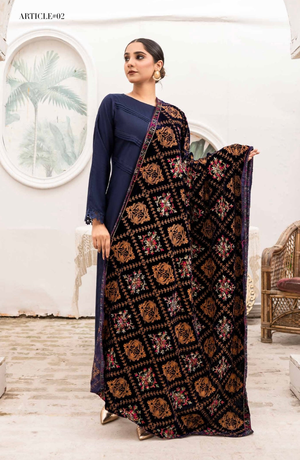 SIMRANS Dhanak 3 Piece Navy Suit with Embroidered Velvet Shawl