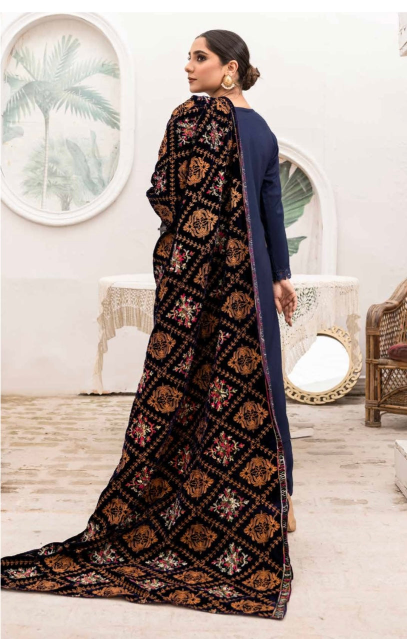 SIMRANS Dhanak 3 Piece Navy Suit with Embroidered Velvet Shawl