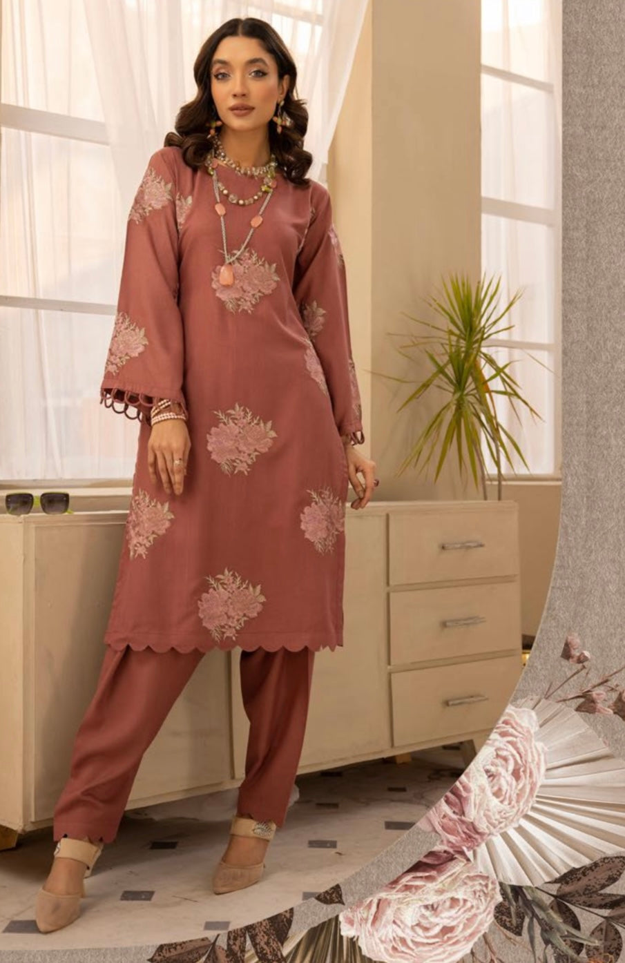 SIMRANS Dhanak 2 piece co-ord embroidered set in brown