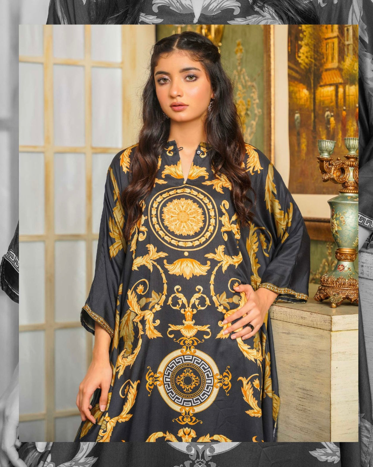 SIMRANS Linen printed kaftan in black Linen-011