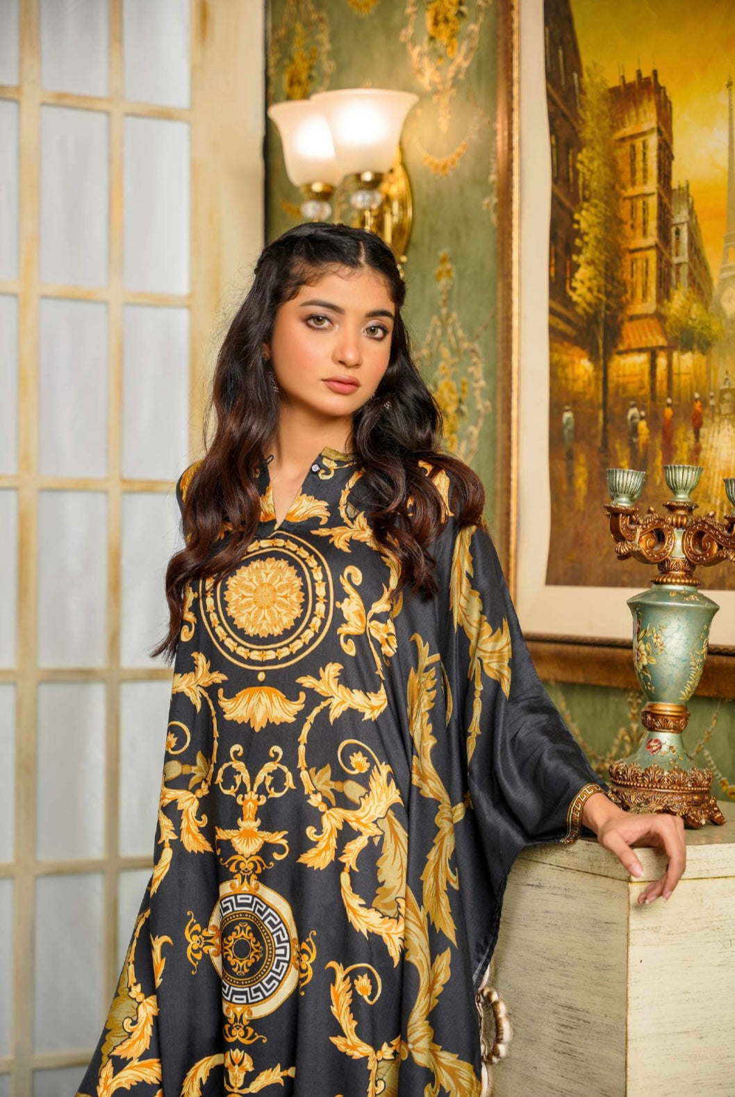 SIMRANS Linen printed kaftan in black Linen-011