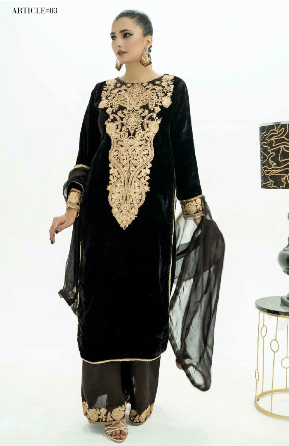 SIMRANS Velvet 3 piece embroidered plazo suit in Brown Velvet-957