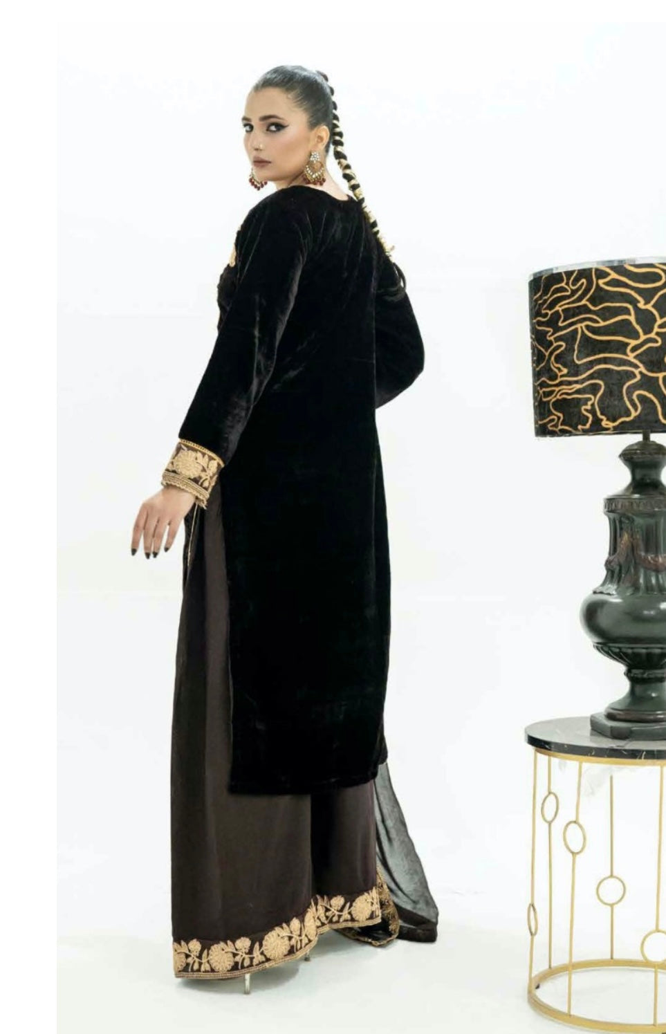 SIMRANS Velvet 3 piece embroidered plazo suit in Brown Velvet-957