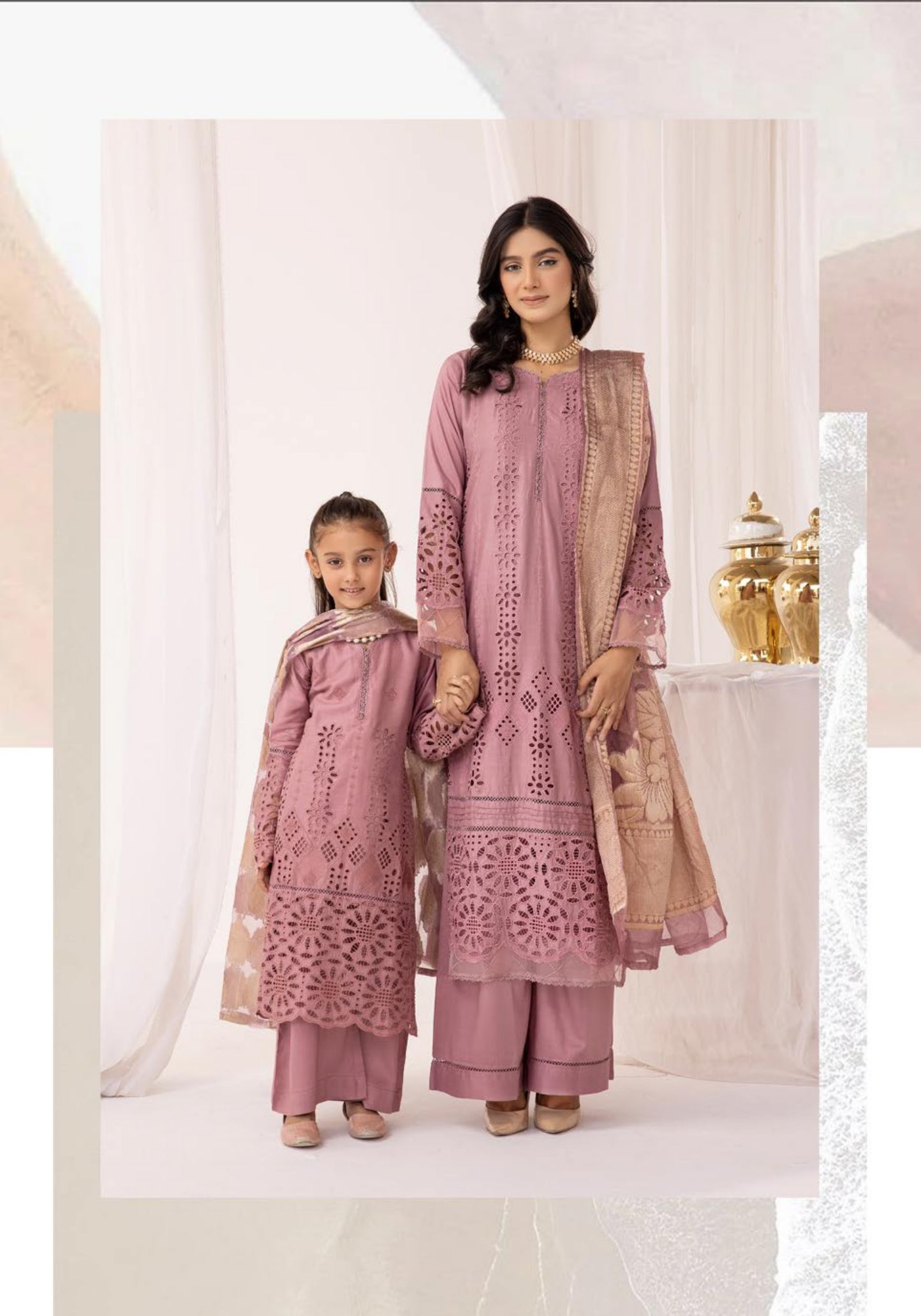 SIMRANS ‘IVY’ | EMBROIDERED CHIKANKARI MOTHER & DAUGHTER/kids READYMADE | SM562 (Greyish Pink)