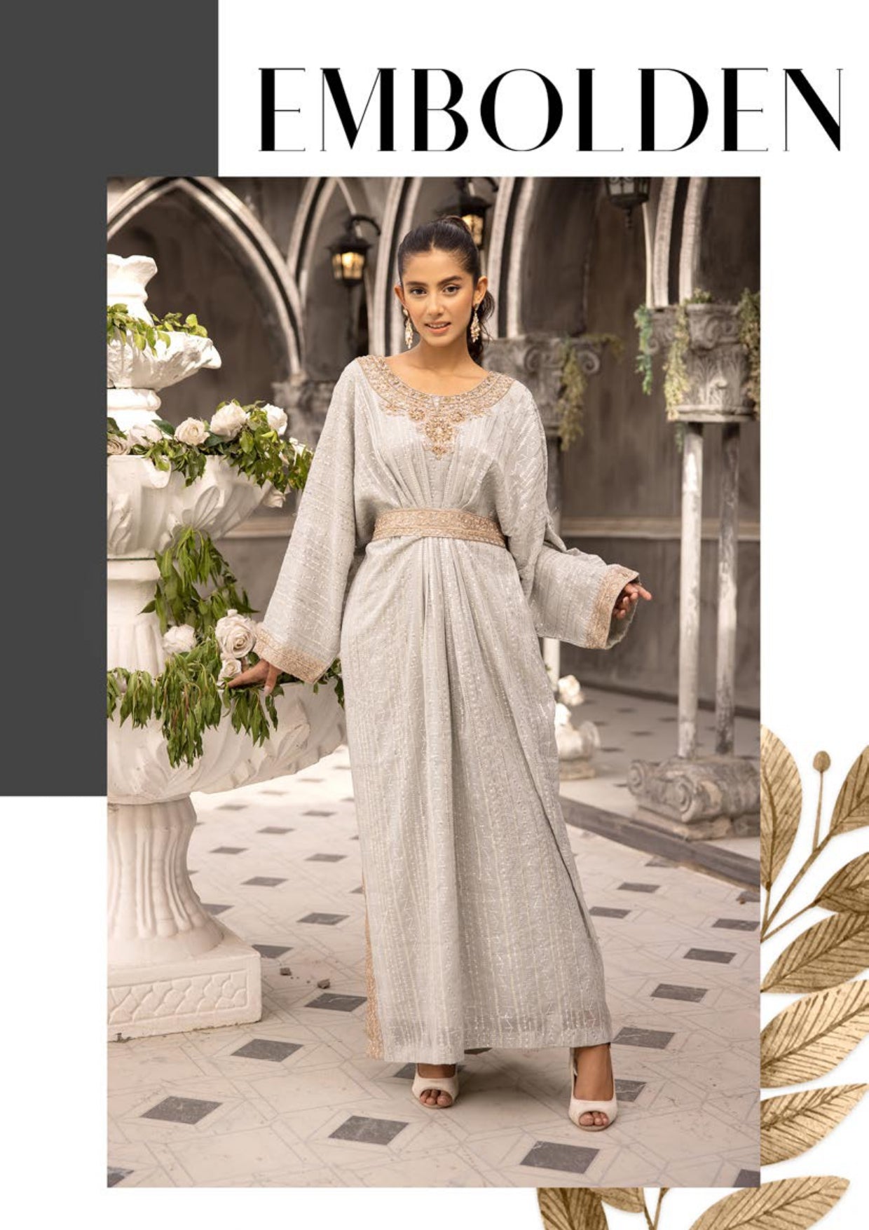 SIMRANS Jeem 2 piece luxury embroidered kaftan with belt beige 06